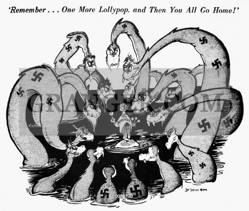 Image of CARTOON: WORLD WAR II. - 'Remember...One More Lollypop, And Then  You All Go Home!' American Cartoon By Dr. Seuss (Theodor Geisel) For 'PM,'  13 August 1941, On The Failure Of